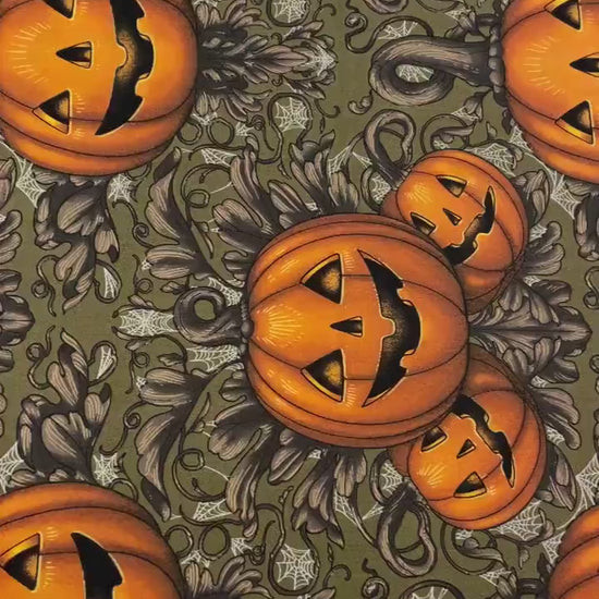 Halloween Fabric - Pumpkin Damask - Olive - 100% Cotton - FreeSpirit - Mystic Moonlight by Rachel Hauer