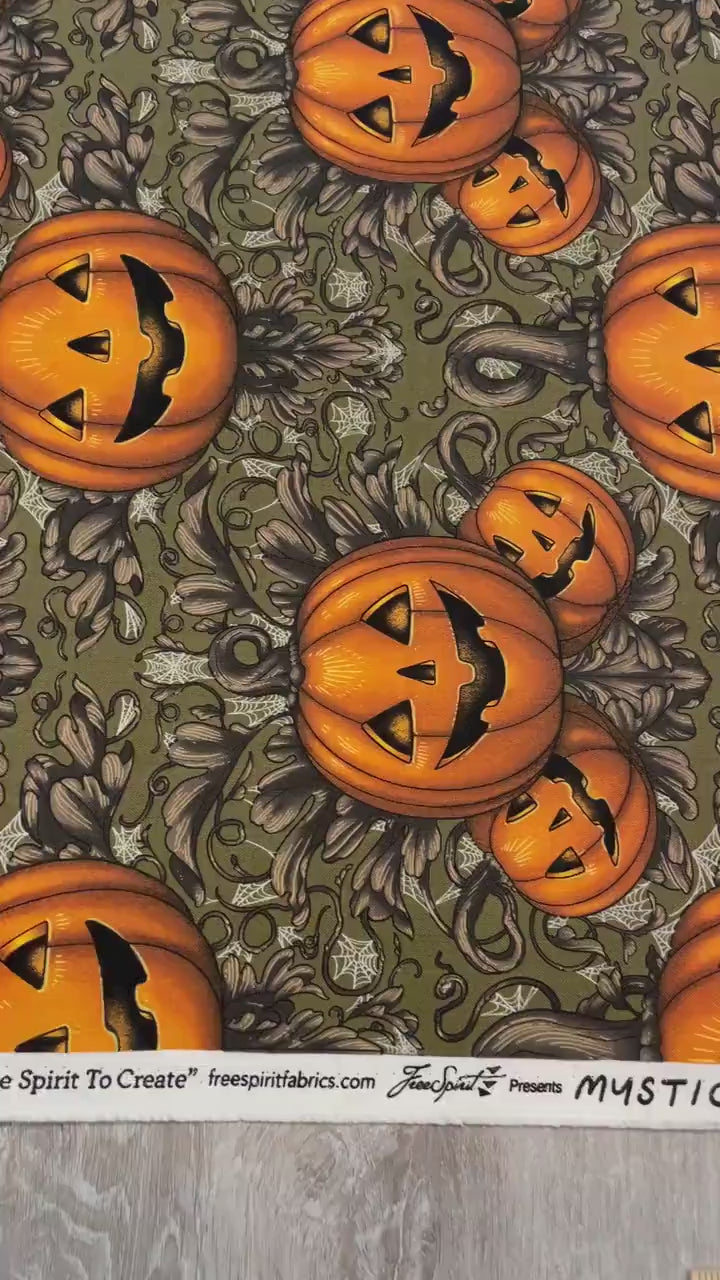 Halloween Fabric - Pumpkin Damask - Olive - 100% Cotton - FreeSpirit - Mystic Moonlight by Rachel Hauer