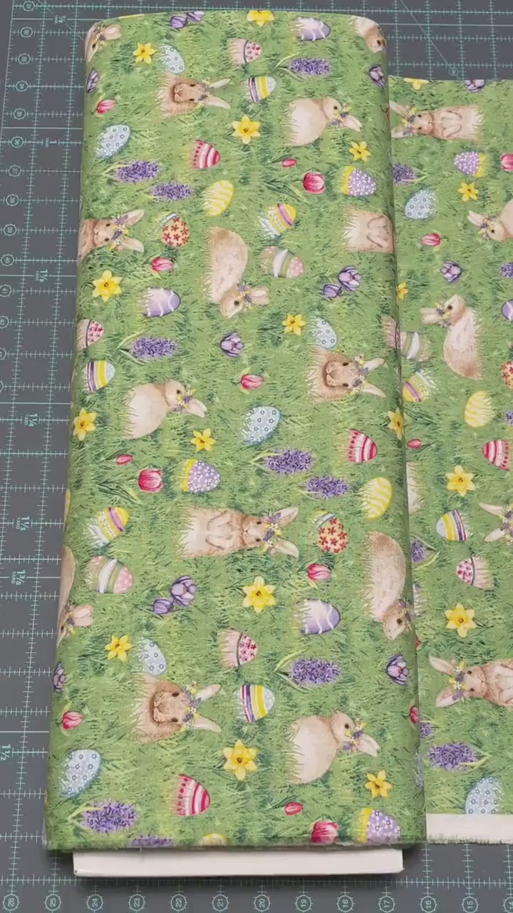 Easter Bunnies and Eggs on Grass - Henry Glass -  Hoppy Hunting - 100% Cotton