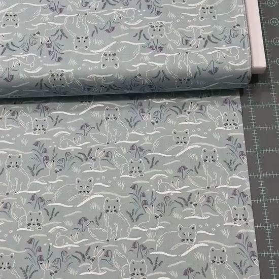 Arctic Fox and Rabbit Fabric - Haring Around on Arctic Blue - 100% Cotton - by Lewis & Irene