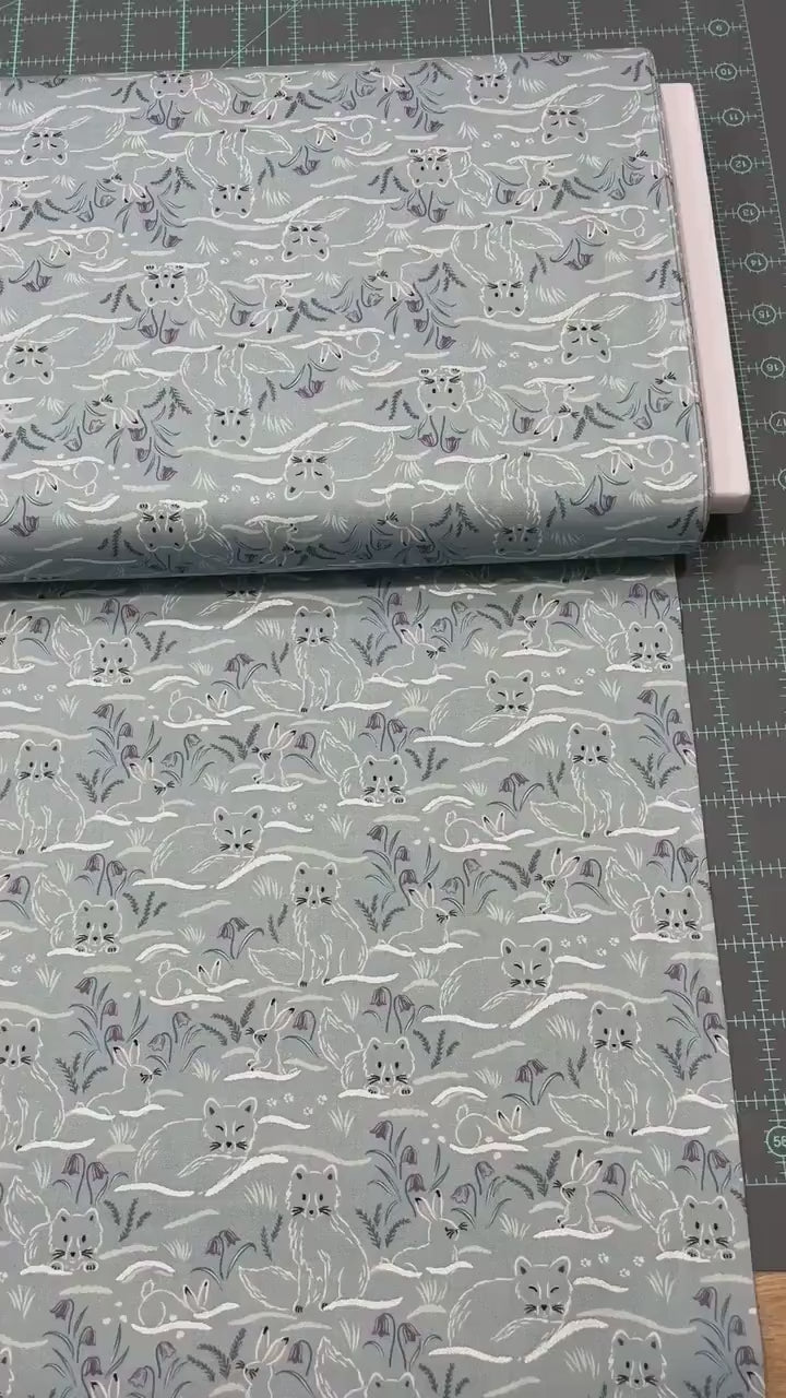 Arctic Fox and Rabbit Fabric - Haring Around on Arctic Blue - 100% Cotton - by Lewis & Irene