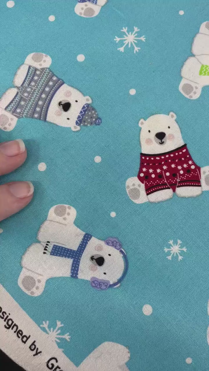 Polar Bear Express in Turquoise by Kanvas Studio - 100% cotton fabric - Christmas Winter Holiday Polar Bears in Sweaters - SHIPS NEXT DAY