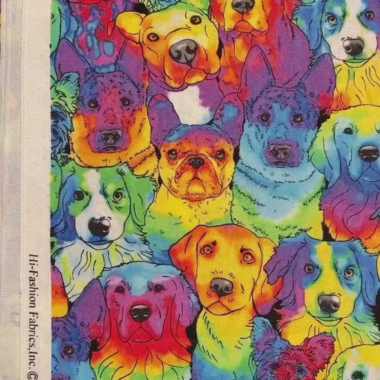 Packed Dog Rainbow Fabric - 100% cotton - Bright colorful rainbow material dog fabric quilting cotton Tie Dye Novelty - SHIPS NEXT DAY