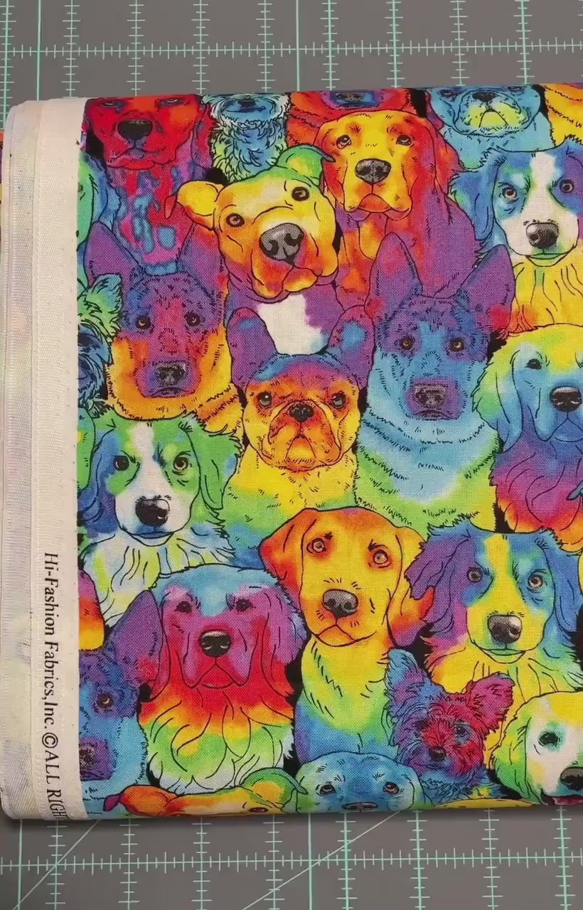 Packed Dog Rainbow Fabric - 100% cotton - Bright colorful rainbow material dog fabric quilting cotton Tie Dye Novelty - SHIPS NEXT DAY