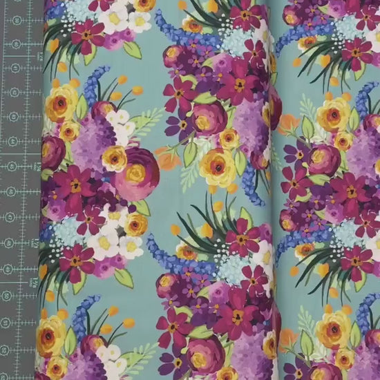 Floralicious Main Aqua - Riley Blake - 100% Cotton Fabric - Colorful Flower Fabric Modern Floral Bouquet - SHIPS NEXT DAY