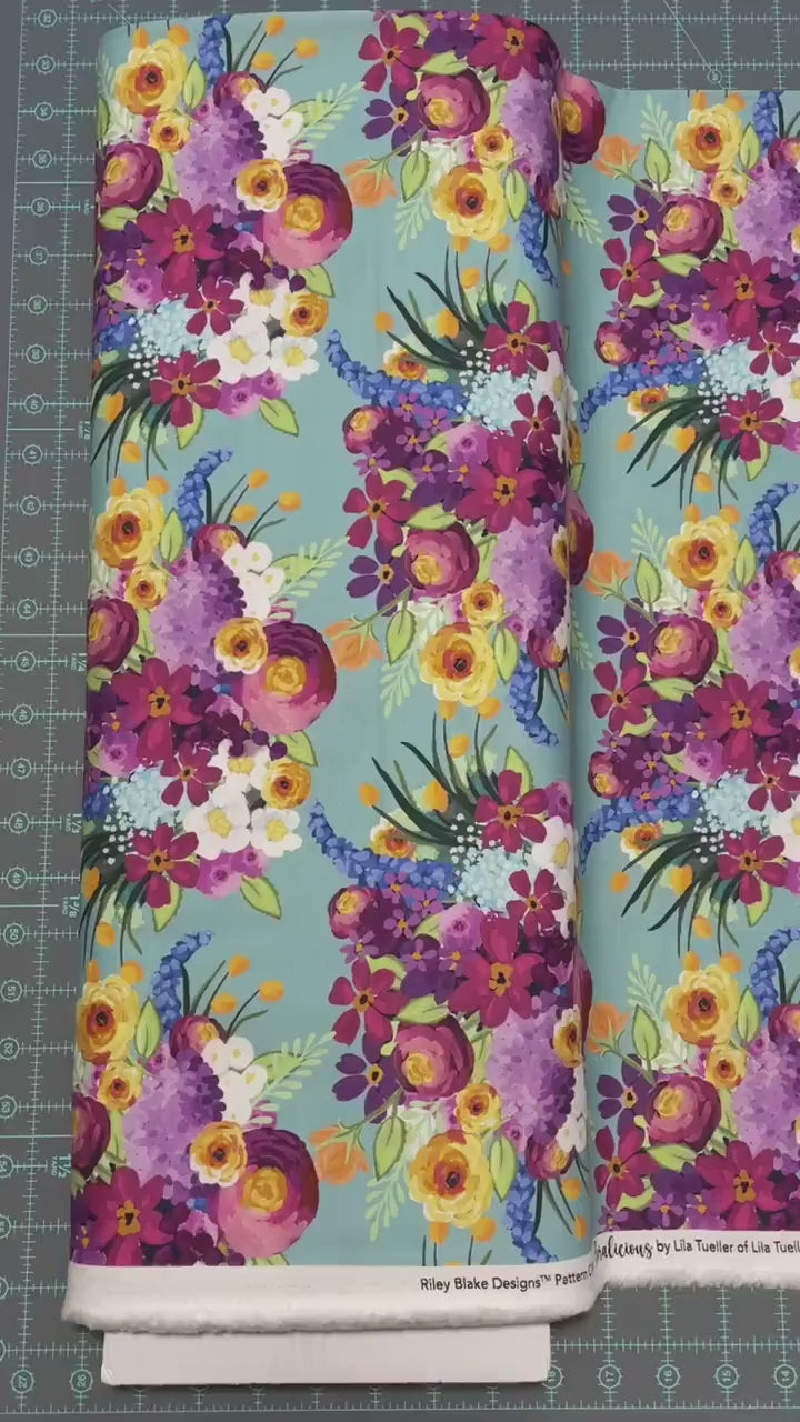 Floralicious Main Aqua - Riley Blake - 100% Cotton Fabric - Colorful Flower Fabric Modern Floral Bouquet - SHIPS NEXT DAY