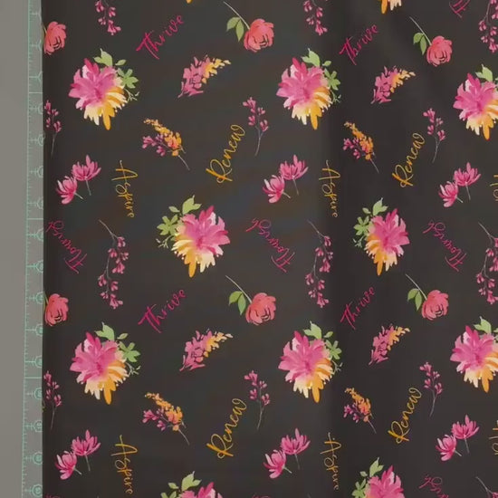 Black Word Toss - Wilmington Prints - 100% Cotton - Floral Party Collection - Renew Flourish Aspire Thrive Flower Fabric