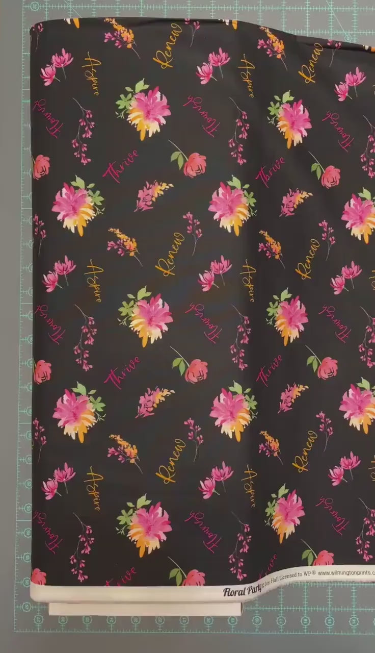 Black Word Toss - Wilmington Prints - 100% Cotton - Floral Party Collection - Renew Flourish Aspire Thrive Flower Fabric