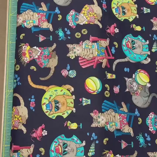 Cat Fabric - Beach Fabric - 100% Cotton Fabric - Navy Kitty Fabric Cat material Luau Party Fabric Vacation Cat Pool Floaty - SHIPS NEXT DAY