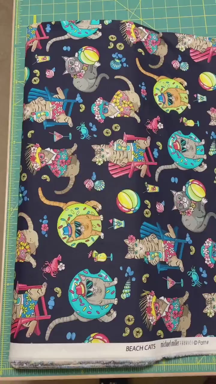 Cat Fabric - Beach Fabric - 100% Cotton Fabric - Navy Kitty Fabric Cat material Luau Party Fabric Vacation Cat Pool Floaty - SHIPS NEXT DAY