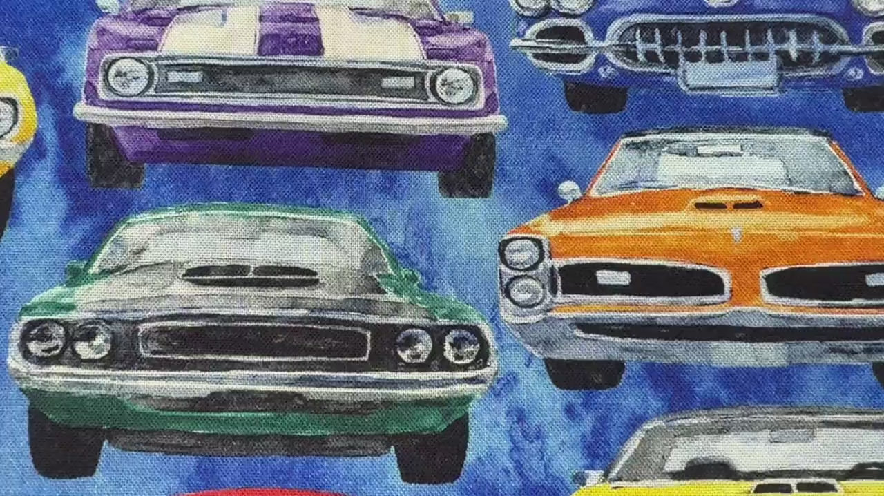 Classic Car Fabric - 3 Wishes  - 100% cotton - Road Runners 24174 Royal