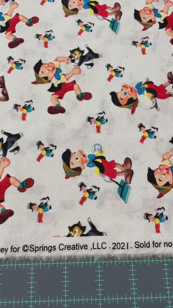 Pinocchio Fabric - Pinocchio Offical Conscience Cotton - 100% Cotton Fabric - Quilting Cotton Dancing Figaro Jiminy Cricket - SHIPS NEXT DAY