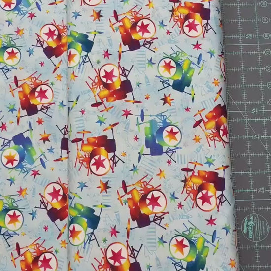 Drum Fabric - 7362-18 Blue/Red - Mew-sic Legends by StudioE - Multicolor drunk kit print by the yard - musician fabric rockstar drummer