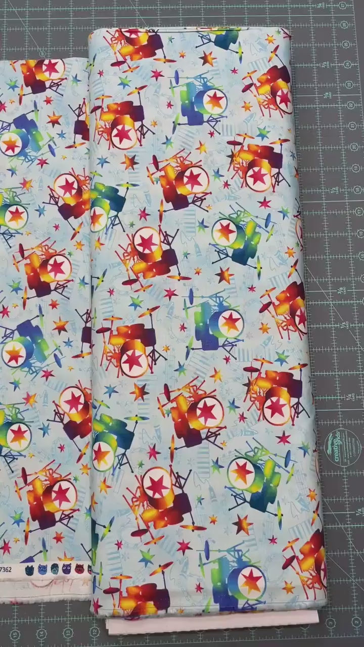 Drum Fabric - 7362-18 Blue/Red - Mew-sic Legends by StudioE - Multicolor drunk kit print by the yard - musician fabric rockstar drummer