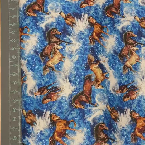 Horse Fabric - Tossed Horses Blue 596421 - Oasis Fabric - 100% Cotton
