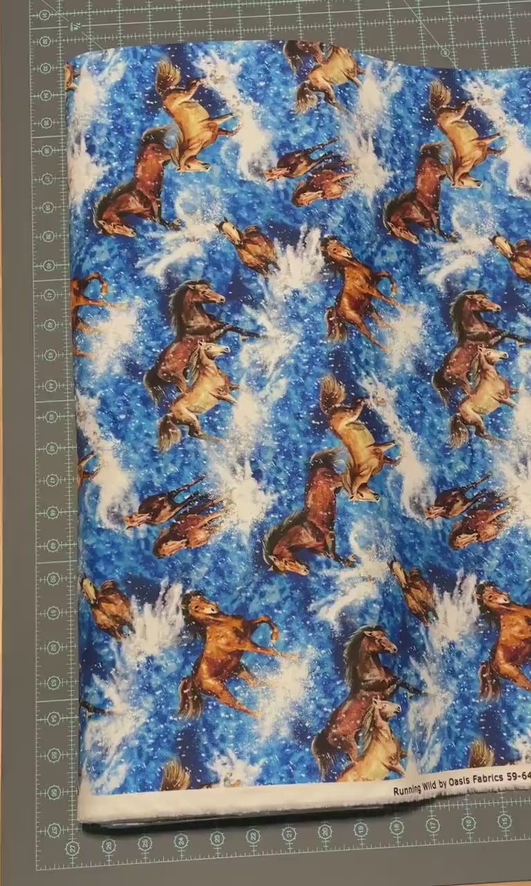 Horse Fabric - Tossed Horses Blue 596421 - Oasis Fabric - 100% Cotton