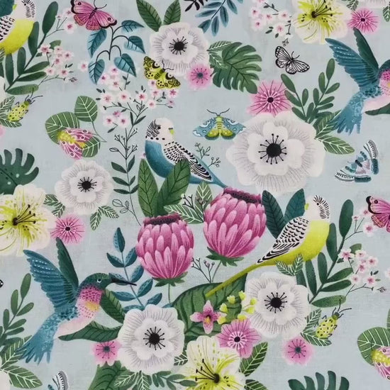 Floral Bird Fabric - Tropical Menagerie - 7380-11 Seaglass - 100% cotton - StudioE