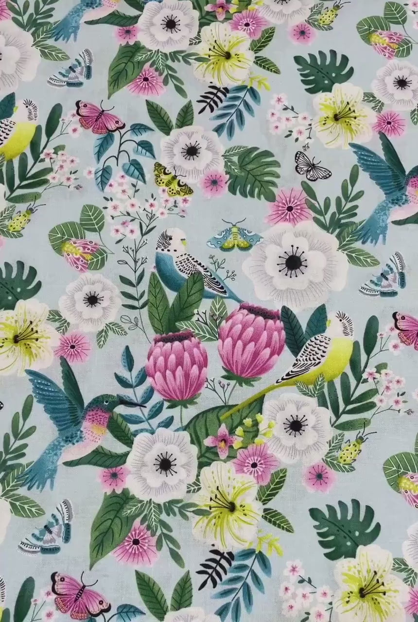 Floral Bird Fabric - Tropical Menagerie - 7380-11 Seaglass - 100% cotton - StudioE