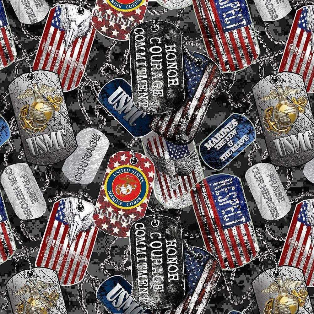 New! US Marines fabric - U.S. Military - Ships Next Day - Marines dog tags from Sykel, 100% Cotton Fabric, USMC US Marines