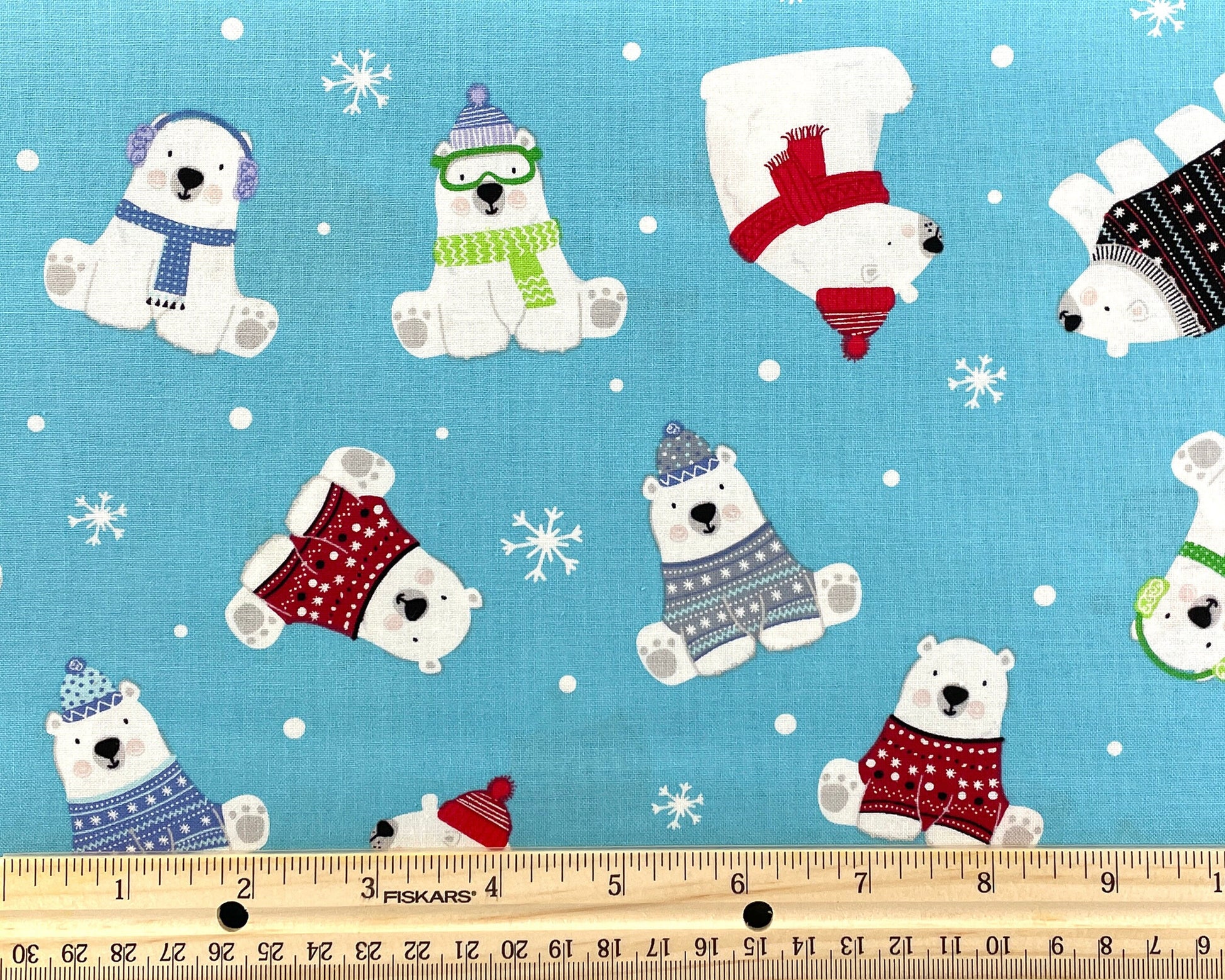 Polar Bear Express in Turquoise by Kanvas Studio - 100% cotton fabric - Christmas Winter Holiday Polar Bears in Sweaters - SHIPS NEXT DAY