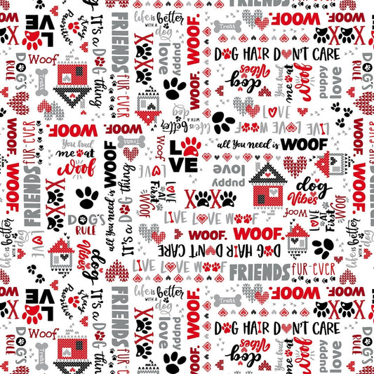 Dog Fabric - Live, Love, Woof White from Benartex - 100% Cotton Fabric