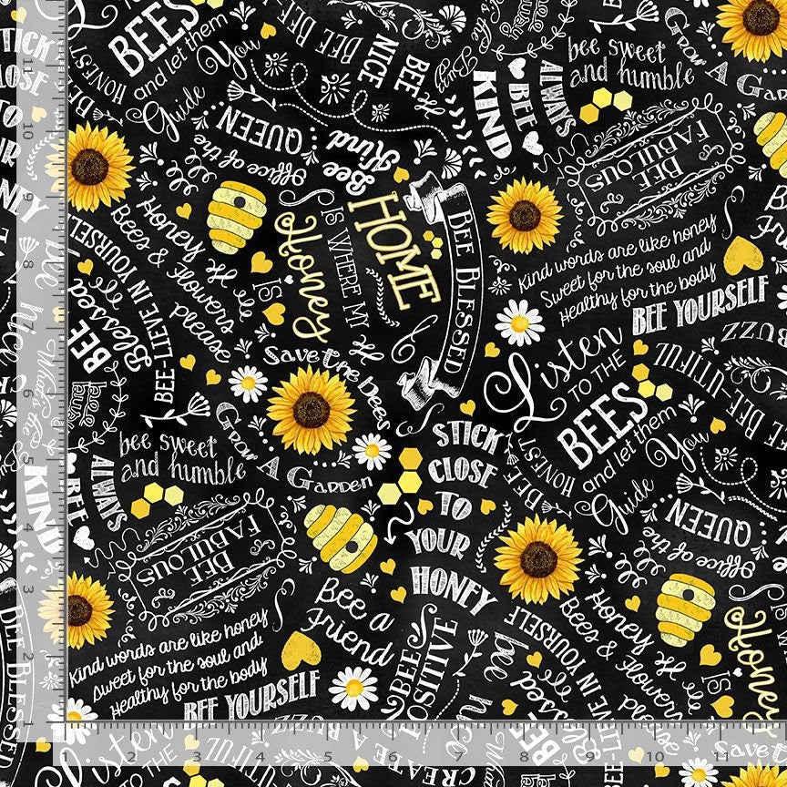 Bee fabric by the yard - Motivational Bee Quotes - Home is where my honey is - Timeless Treasures - 100% Cotton Fabric - Ships NEXT DAY