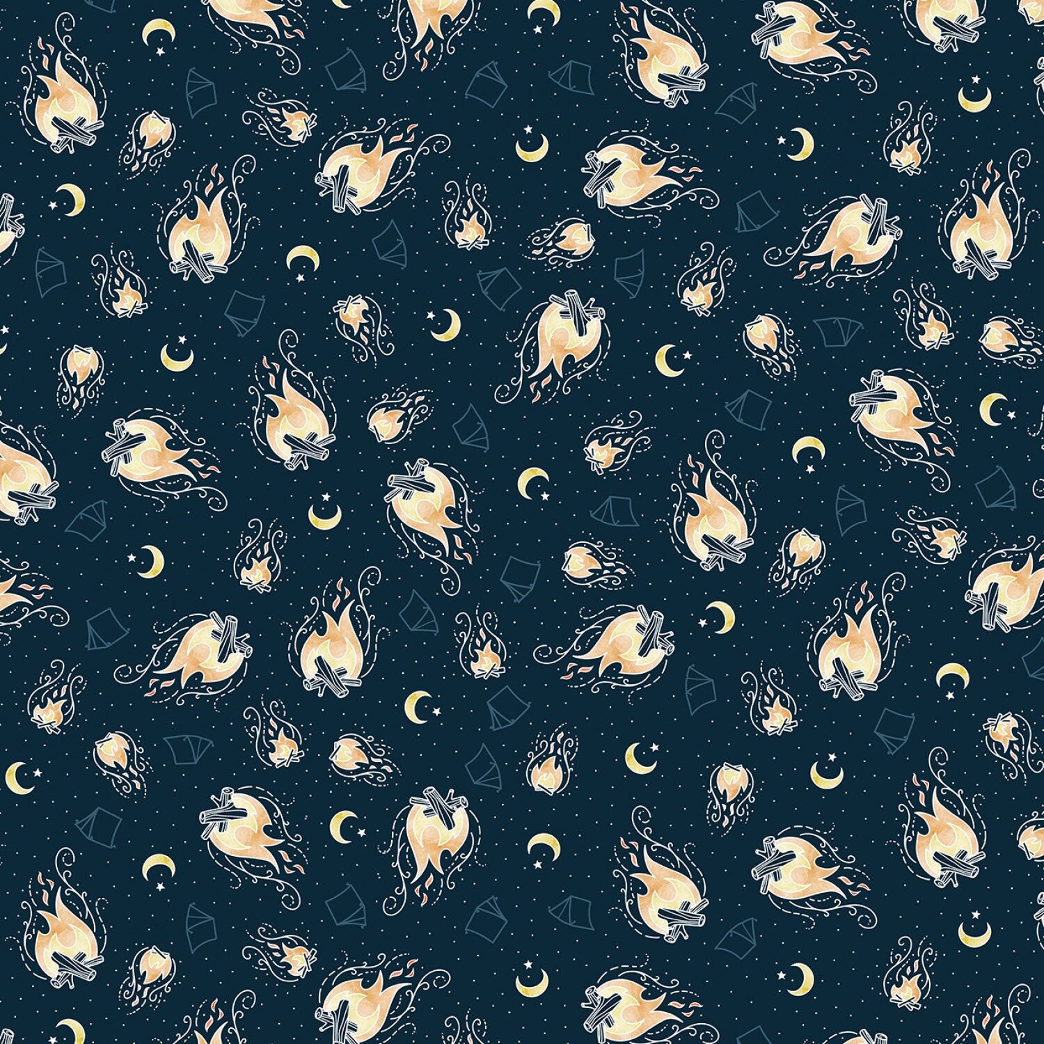 Campfire - By the light of the fire in Navy - Light Up My World collection by Michael Miller fabrics - 100% Cotton Fabric - Ships Next Day