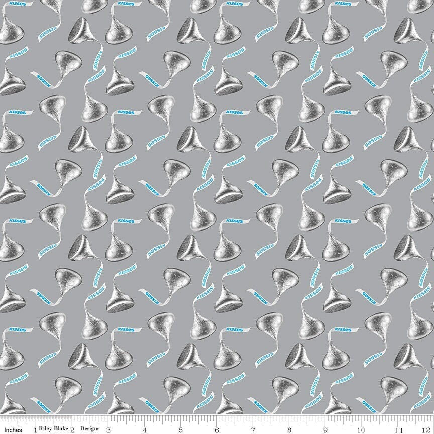 Chocolate Hershey Kisses Silver - Celebrate collection from Riley Blake - 100% Cotton Fabric - Candy material food theme - Ships Tomorrow