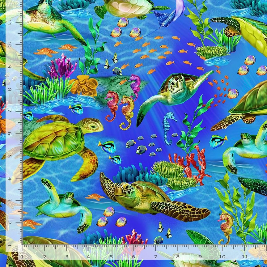 Sea turtle Fabric by the yard - Deep Blue Sea - Timeless Treasures - 100% Cotton - Colorful ocean theme turtle print - Ships NEXT DAY