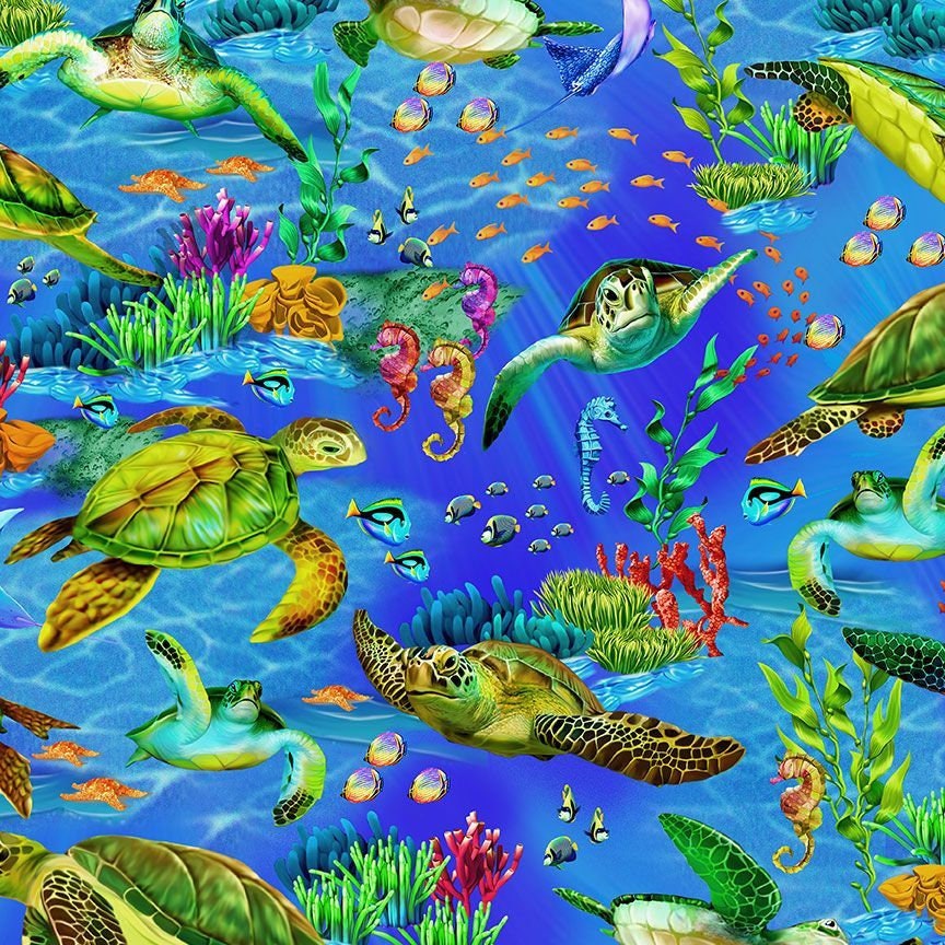 Sea turtle Fabric by the yard - Deep Blue Sea - Timeless Treasures - 100% Cotton - Colorful ocean theme turtle print - Ships NEXT DAY