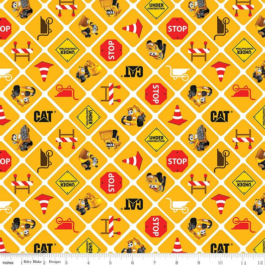 Construction Signs - CAT Building Crew Signs Yellow - for Riley Blake Designs - 100% Cotton Fabric - Caterpillar material - Ships NEXT DAY