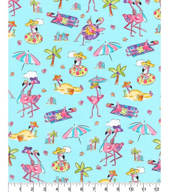 Flamingo Fabric - Flamingos on the Beach by Robert Kaufman - 100% cotton fabric - Beach vacation pool theme flamingo print - Ships NEXT DAY