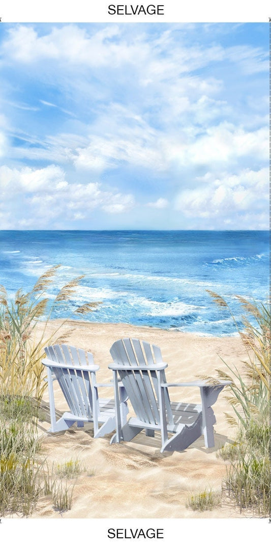 Beach Panel 24" x 44" - Ocean Breeze Panel by Timeless Treasures - 100% Cotton fabric - Beach Chairs Sand Lake - SHIPS NEXT DAY