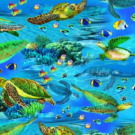 Realistic Sea turtles & Sea Life - Deep Blue Sea collection by Michael Searle for Timeless Treasures-100% Cotton Fabric-Ships NEXT DAY