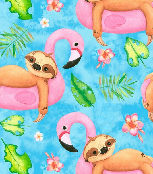Sloth fabric by the yard - Large Scale - 100% cotton fabric - flamingo pool float relaxing pool theme animal material - SHIPS NEXT DAY