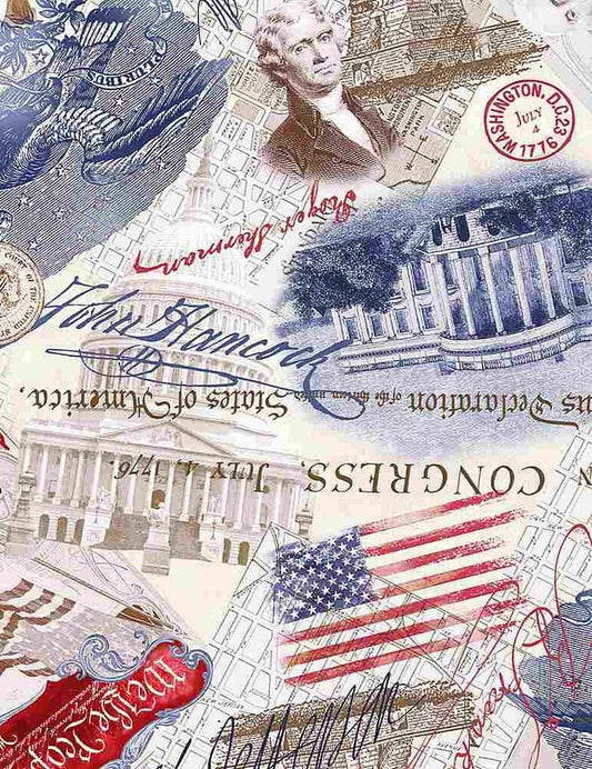 Patriotic USA Collage - 100% Cotton Fabric by Timeless Treasures - SHIPS NEXT Day - July 4th Government History Presidents White House Flag