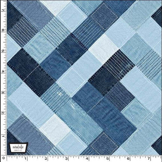 Michael Miller - Denim Look Fabric - Blue Jean Baby - Blue Pyramid - 100% Cotton Fabric - Ships NEXT DAY