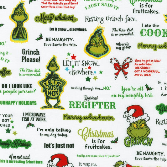 Robert Kaufman Grinch Fabric - Letters - How the Grinch Stole Christmas - 100% cotton - Funny Grinch Christmas Fabric - Ships NEXT DAY