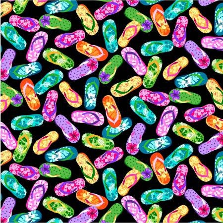 Flip Flops on black - Beach fabric - Let's Get Tropical by Michael Miller - 100% Cotton Fabric - Pool Party Hawaiian Luau - Ships NEXT DAY