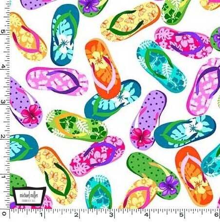 Flip Flops on white - Beach fabric - Let's Get Tropical by Michael Miller - 100% Cotton Fabric - Pool Party Hawaiian Luau - Ships NEXT DAY