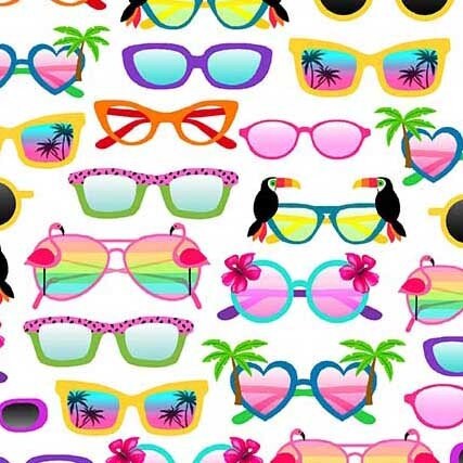 Sunglasses on white - Beach fabric - Let's Get Tropical by Michael Miller - 100% Cotton Fabric - Pool Party Hawaiian Luau - Ships NEXT DAY