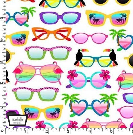 Sunglasses on white - Beach fabric - Let's Get Tropical by Michael Miller - 100% Cotton Fabric - Pool Party Hawaiian Luau - Ships NEXT DAY