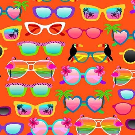 Sunglasses on orange - Beach fabric - Let's Get Tropical by Michael Miller - 100% Cotton Fabric - Pool Party Hawaiian Luau - Ships NEXT DAY