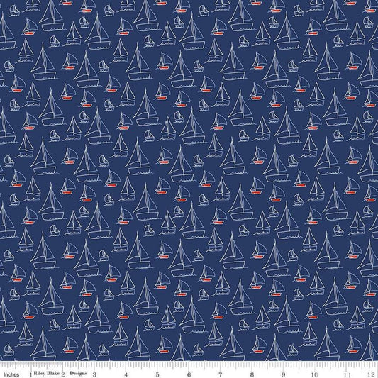 Sailboat Fabric on Navy - Small Scale - Red White & Bang! Collection by Sandy Gervais for Riley Blake - 100% Cotton Fabric - SHIPS NEXT DAY