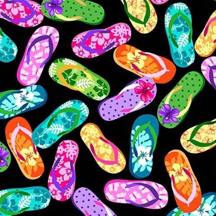 Flip Flops on black - Beach fabric - Let's Get Tropical by Michael Miller - 100% Cotton Fabric - Pool Party Hawaiian Luau - Ships NEXT DAY