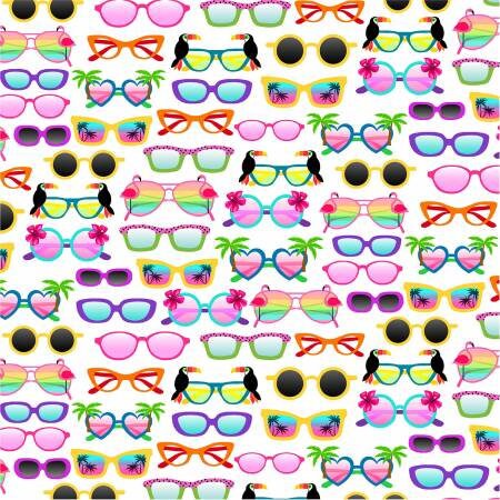 Sunglasses on white - Beach fabric - Let's Get Tropical by Michael Miller - 100% Cotton Fabric - Pool Party Hawaiian Luau - Ships NEXT DAY