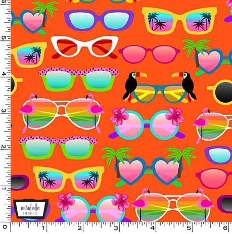 Sunglasses on orange - Beach fabric - Let's Get Tropical by Michael Miller - 100% Cotton Fabric - Pool Party Hawaiian Luau - Ships NEXT DAY