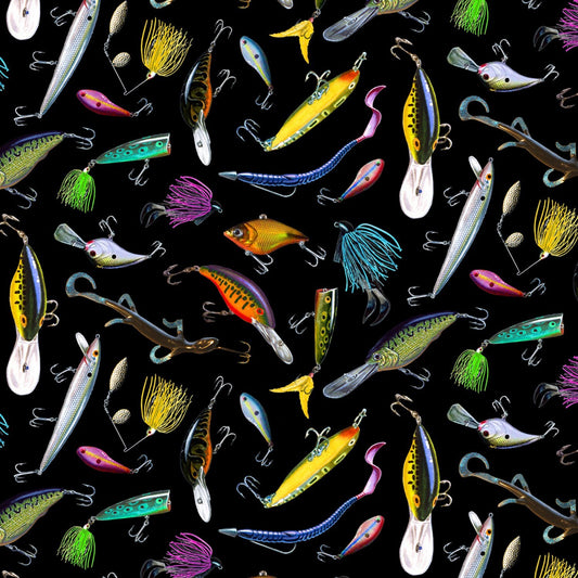 Fishing Lures - Tight Lines collection by Elizabeth's Studio - 100% Cotton Fabric - Hard lure fishing theme fishing material -SHIPS NEXT DAY