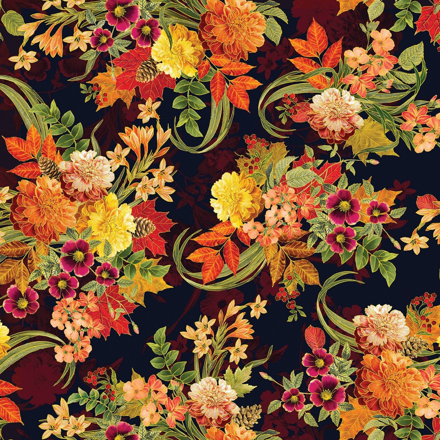 Fall Floral Fabric - Metallic Accents - Harvest Festival by Benartex - 100% Cotton - Fall Holiday Material Autumn fabric - SHIPS NEXT DAY