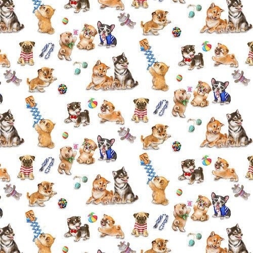 Dog fabric by the yard - Dog's Playing - Trendy Pups Collection from StudioE - 100% Cotton - Dog material Shiba Frenchie Pug -Ships NEXT DAY